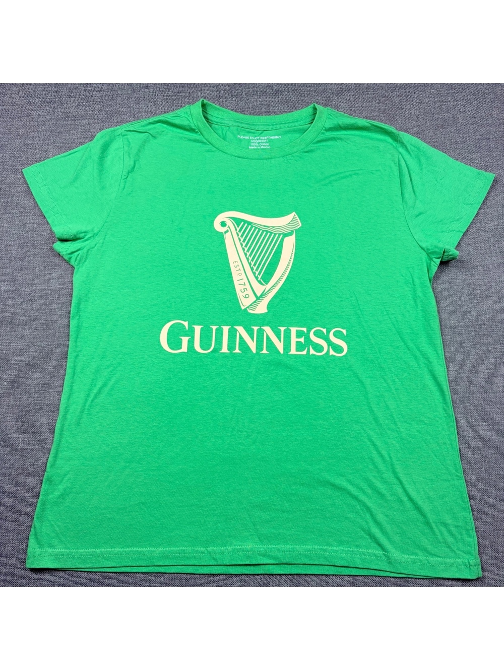 Guinness Green Cotton T-Shirt with Harp Logo and Shamrock Print Size M